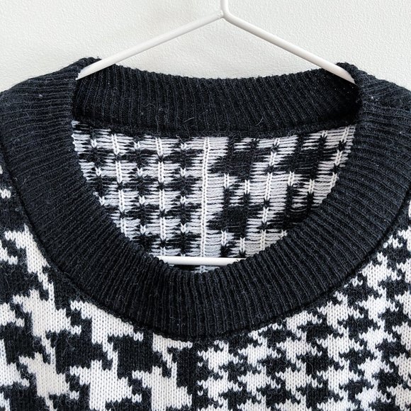 Unknown Houndstooth Pied-de-poule Black & White Long Fall Sweater Vintage Sz L - Picture 5 of 5